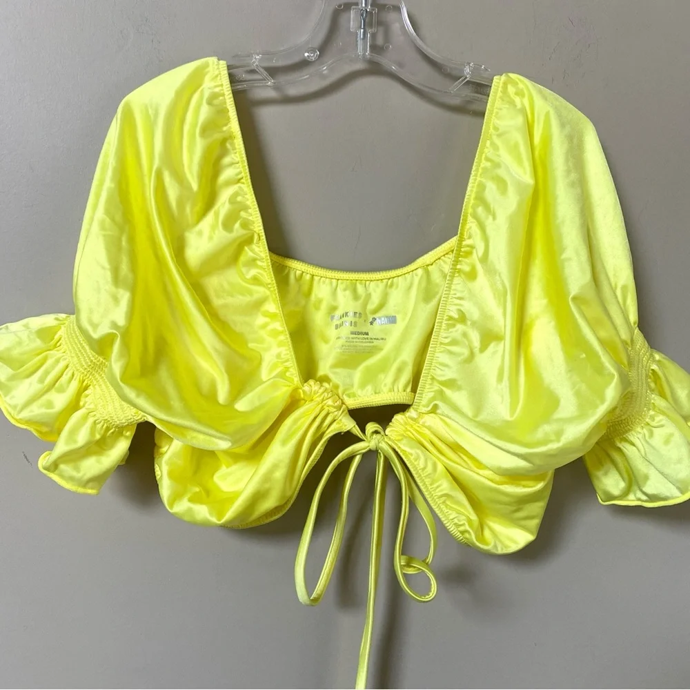 NWOT Frankie’s Bikinis x Naomi Osaka lemon drop Carly puffy sleeve bikini top M